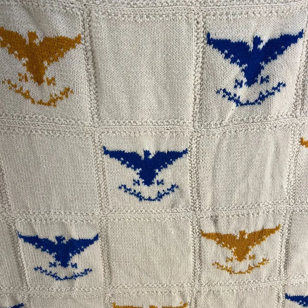 Vintage Handmade Ivory Crochet Blanket Eagle Emblem Motif Throw